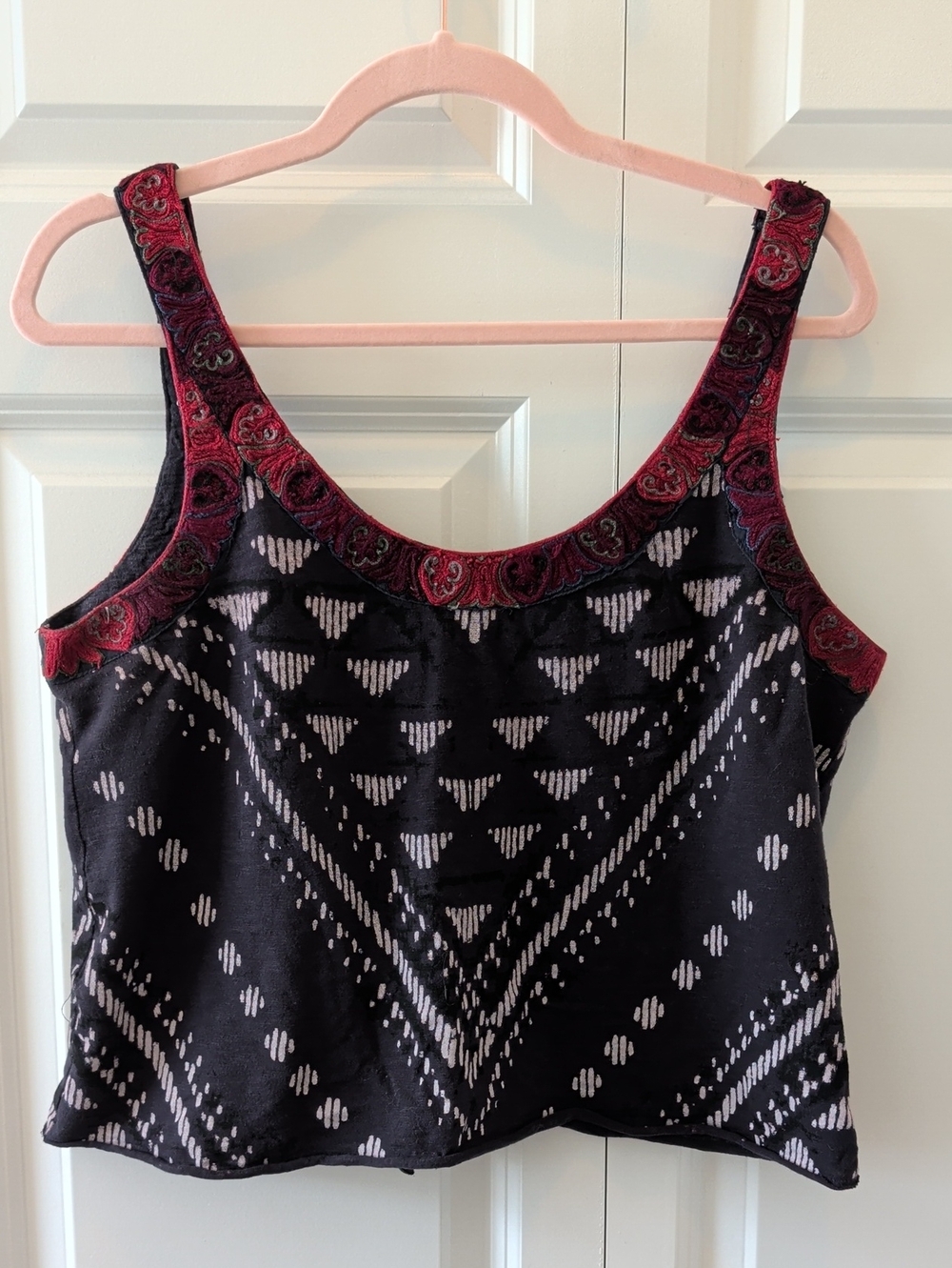 Free People Black Patterned Tank Top with Burgundy Trim - Women